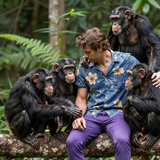 Man Surrounded by Chimpanzees in Nature