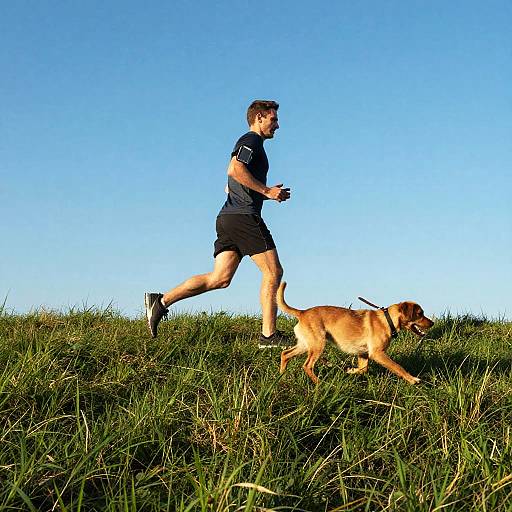 Man Jogging with Dog on Grassy Hill
