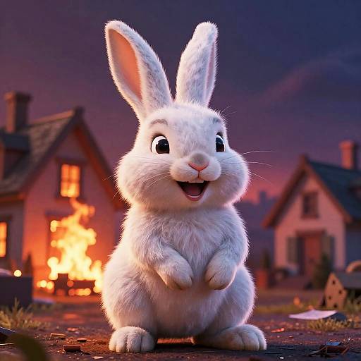 Smiling White Rabbit with House on Fire Background