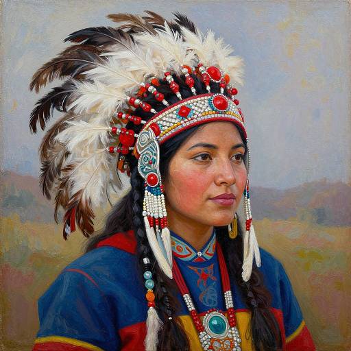 Portrait of a young Native American woman with dark skin, black hair, and red cheeks, wearing a traditional feathered headdress adorned with red, white
