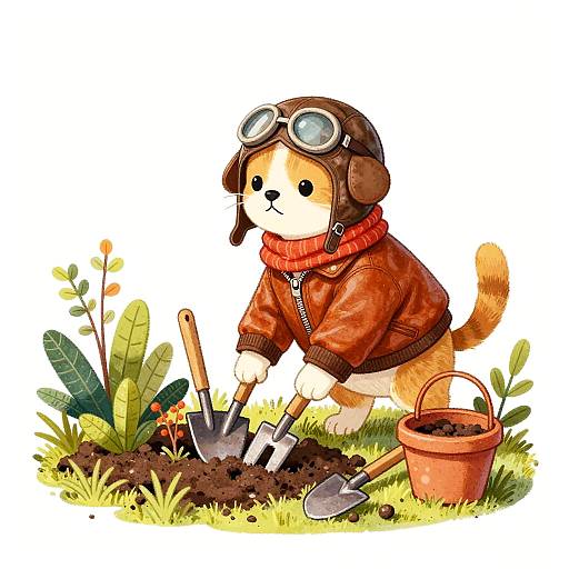 Vintage Aviator Dog Gardening Scene
