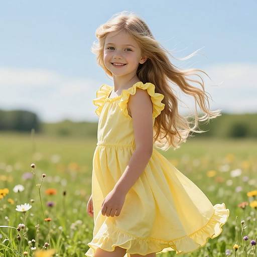 Photograph of a smiling young girl with long blonde hair, wearing a yellow dress, standing in a sunny field of colorful wildflowers.