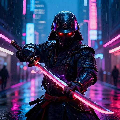 Neon-lit cyberpunk city street at night, rain-soaked. Armored warrior with glowing red eyes wields neon pink katana, standing