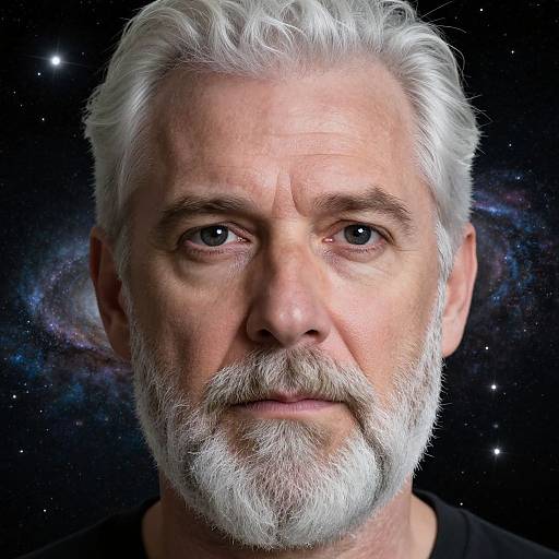 Photograph of an older white man with white hair and beard, blue eyes, against a starry galaxy background. Serious expression, black shirt.
