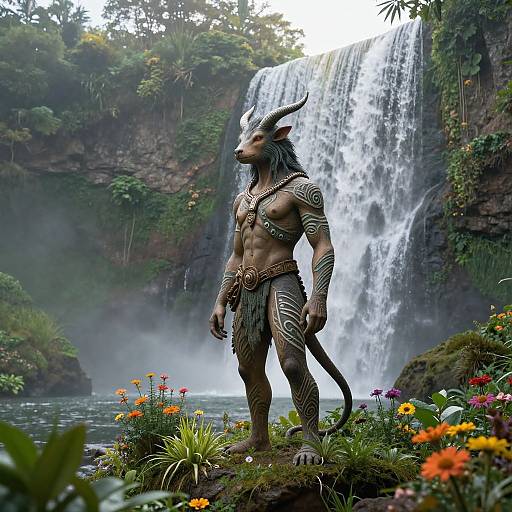 Digital artwork of a muscular, horned, tattooed, anthropomorphic creature standing in a lush, flower-filled clearing before a cascading waterfall.