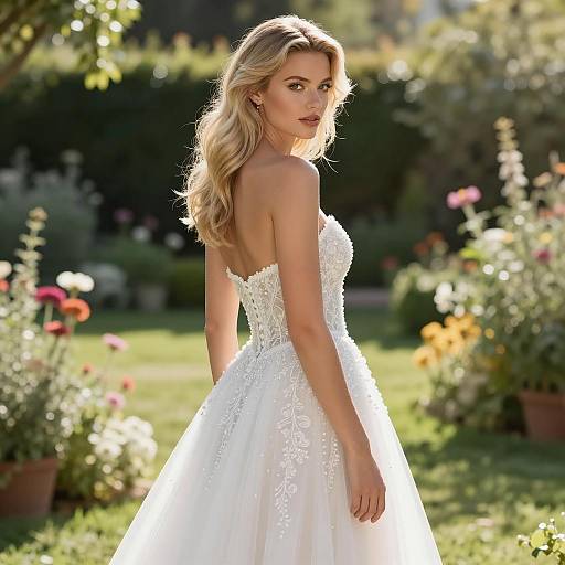 Blonde Woman in White Beaded Wedding Gown in Garden