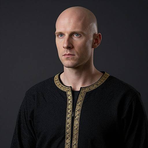 Photograph of a bald, pale-skinned man with blue eyes wearing a black, gold-trimmed medieval-style tunic against a dark background.
