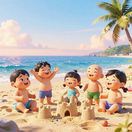 Digital illustration of five smiling, chubby, Asian children in swim trunks building a sandcastle on a sunny, tropical beach with palm trees and clear blue