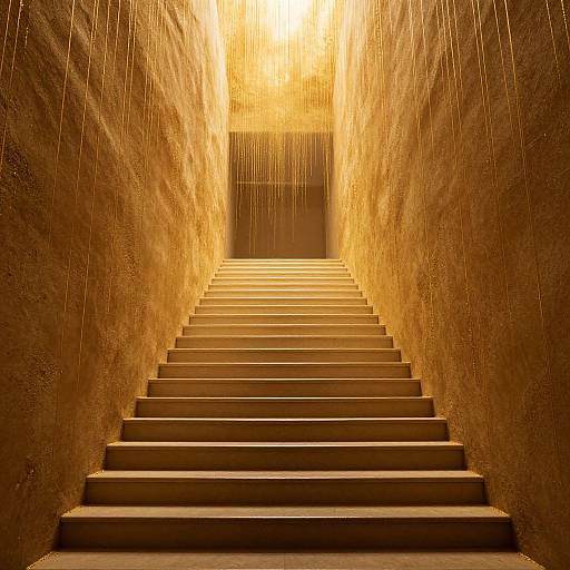 Photograph of a golden, illuminated staircase with textured, sunlit walls, leading to a bright, sunlit door at the top.