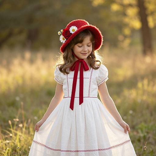Girl in White Dress with Floral Hat