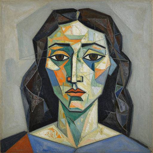 Cubist-style oil painting of a somber woman with abstract, geometric facial features in shades of blue, orange, and white.