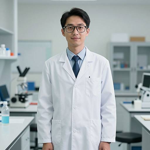 Photograph of an Asian male scientist with black hair, glasses, white lab coat, blue tie, standing in a bright, modern laboratory.