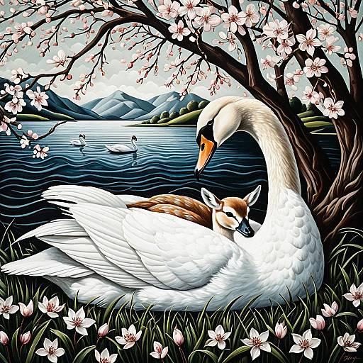 Art Deco Swan with Sleeping Fawn