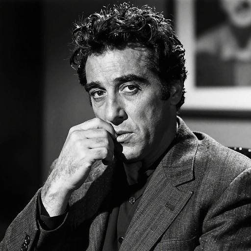Black-and-white photograph of a middle-aged man with curly dark hair, wearing a textured blazer, resting his chin on his hand, looking thoughtfully