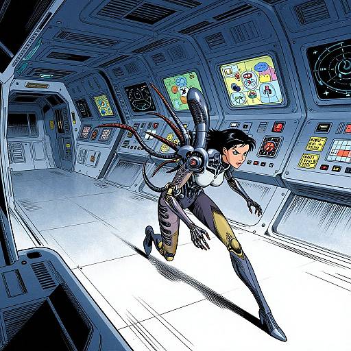 Digital comic art: Sci-fi woman with black hair, cybernetic arms, and black bodysuit, running in futuristic spaceship control room with colorful