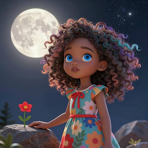 Curious Girl Under a Starry Moonlit Sky