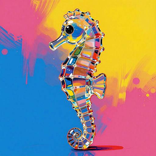 Vibrant digital illustration of a colorful, geometric seahorse against a gradient yellow, pink, and blue background with abstract brushstrokes.