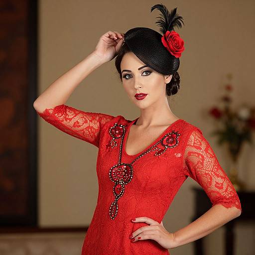 Photograph of a fair-skinned woman with black hair in an updo, wearing a red lace dress with black bead embroidery, and a red rose