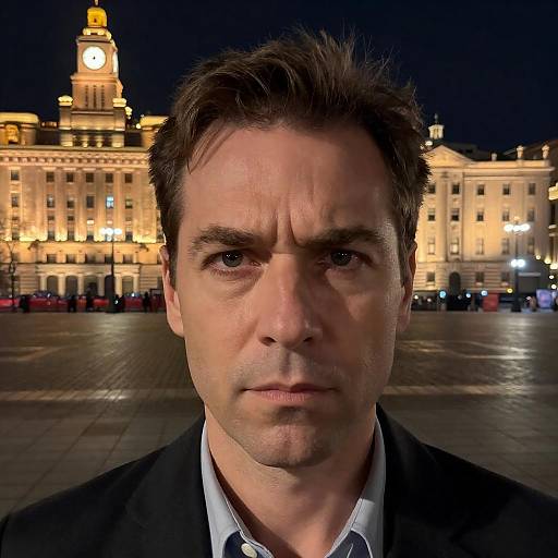 Intense Middle-Aged Man in Nighttime Square