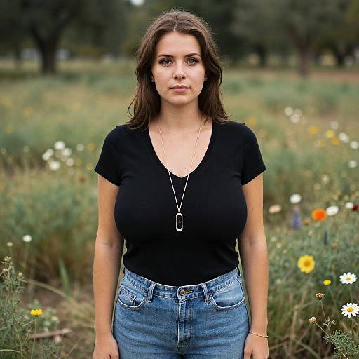 Photograph of a young woman with long brown hair, wearing a black t-shirt, blue jeans, and a necklace, standing in a blooming me