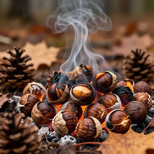 Photograph of roasted chestnuts with steam rising, surrounded by pine cones and autumn leaves, set in a forest floor background.