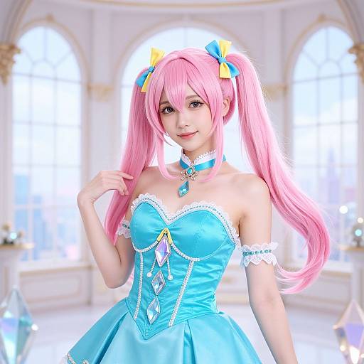 Vibrant Anime Woman in Crystal Room