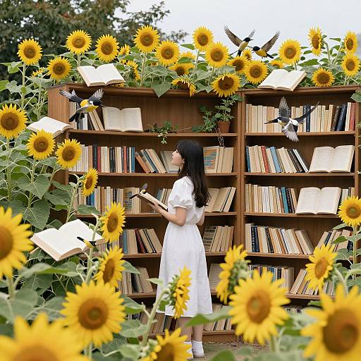 Photograph of a young woman with long black hair in a white dress, reading beside sunflower-filled bookshelves with birds perched.