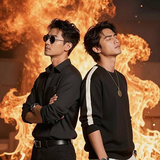 Dramatic Duo Against Fiery Backdrop