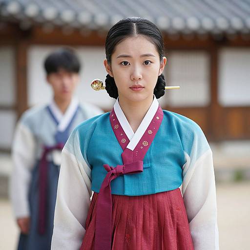 Photograph of a Korean woman in traditional hanbok with blue and white top, maroon skirt, black hair in braids, wooden hairpin
