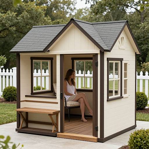 Photograph of a young woman with long brown hair, wearing a white sleeveless top and beige skirt, sitting inside a small, white, wooden play