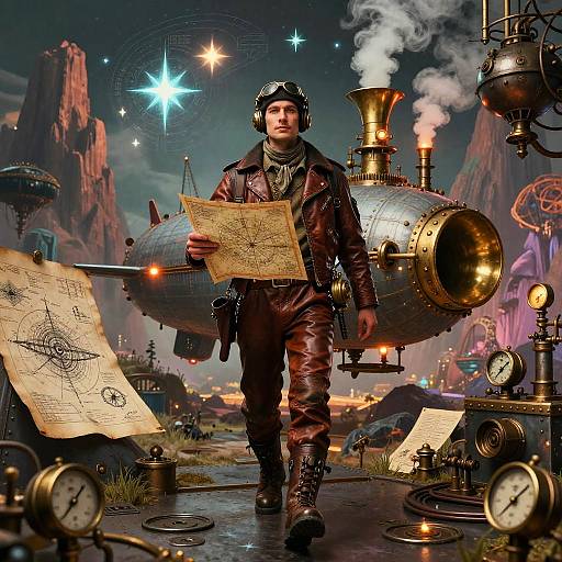 Steampunk pilot in leather gear, goggles, holding map, stands before steam-powered aircraft, surrounded by maps, clocks, and futuristic landscape.