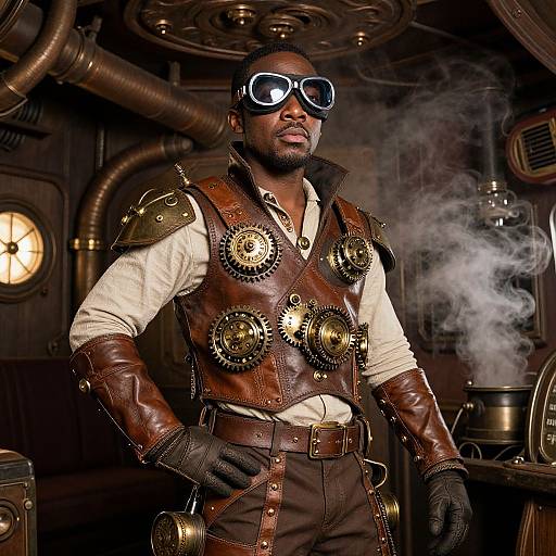 Photograph of a confident, dark-skinned man in steampunk attire: brown leather vest with brass gears, white shirt, goggles, gloves,