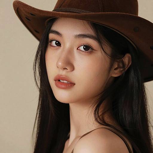 Photograph of an Asian woman with long black hair, wearing a brown cowboy hat, gazing softly at the camera, light beige background.