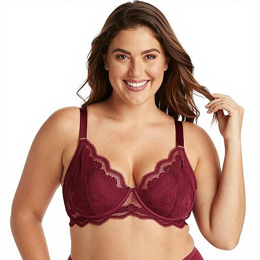 Smiling Woman in Maroon Lace Bra