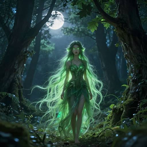 Digital fantasy artwork of a green-haired, glowing forest nymph with leafy dress, standing in a moonlit, misty forest path.