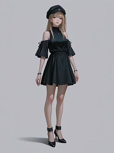 Digital anime-style drawing of a slender young woman with pale skin, wearing a black off-shoulder dress, beret, and high heels. She