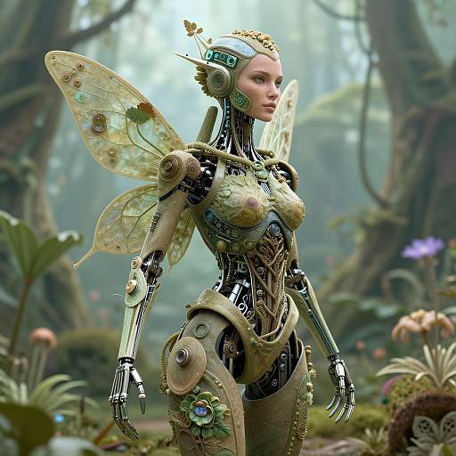CGI fantasy image of a sleek, insect-like robotic fairy with translucent wings, metallic and gold details, standing in a lush, mystical forest.