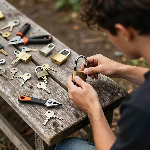 Photograph of a person with curly hair, wearing a black shirt, locking a brass padlock on a wooden picnic table, surrounded by scattered keys and
