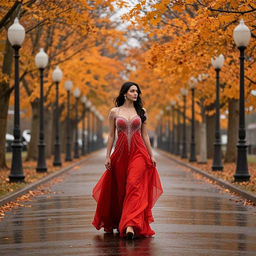 Photograph of a dark-haired woman in a sparkling red gown walking down a wet, autumnal park path lined with orange-leaved trees and black lam