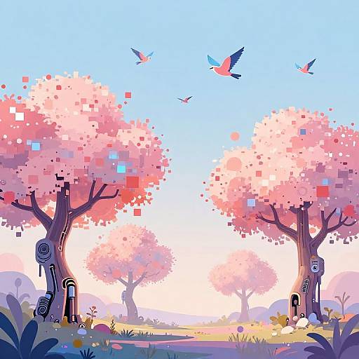 Digital artwork of two stylized cherry trees with pixelated pink blossoms, surrounded by birds in a vibrant blue sky.