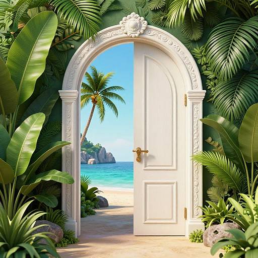 Photorealistic digital art: white ornate archway with gold door, flanked by lush green tropical plants, opens to a sunny beach with clear