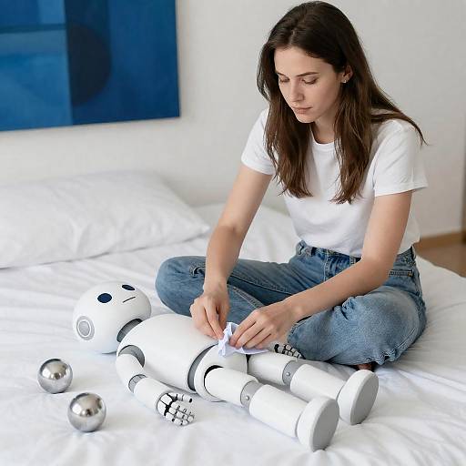 Woman Unwrapping Robot Figure on Bed