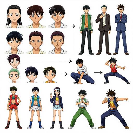Digital anime character design collage: various poses, expressions, and outfits for a black-haired male with spiky hair, green eyes, and diverse clothing styles