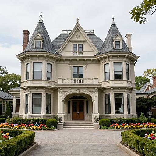 Victorian Mansion with Turrets and Gardens