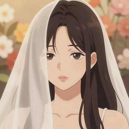 Serene Anime Woman with Floral Backdrop