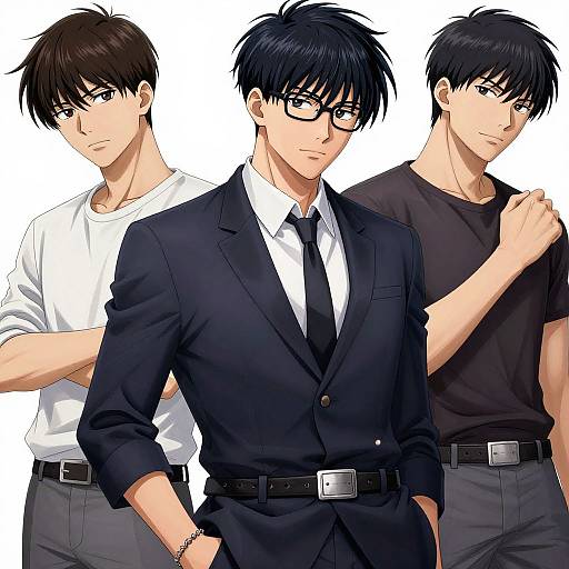 Digital anime-style drawing of three handsome, young men with black hair and glasses, wearing suits and casual shirts, standing together.
