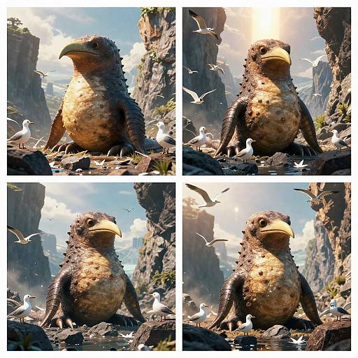 Photorealistic CGI collage of a textured, bird-like creature with a yellow beak, standing amidst rocky cliffs, surrounded by flying seagulls.