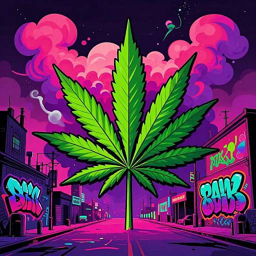 Vibrant digital illustration of a neon green leaf in a street scene with pink and purple clouds, graffiti, and colorful storefronts. Urban, psychedelic