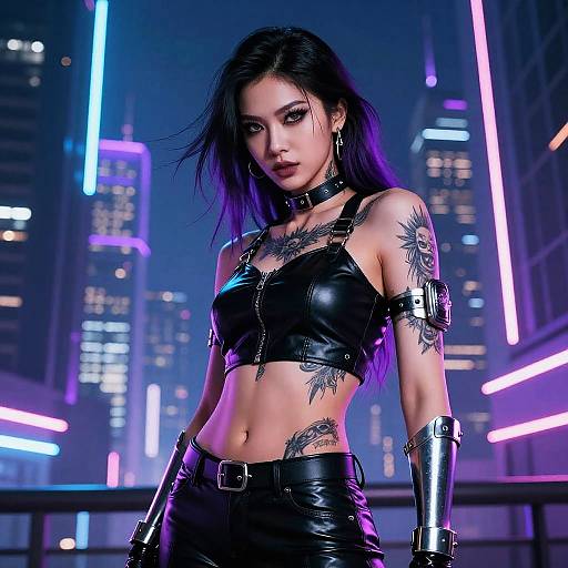 Cyberpunk-style photograph of an Asian woman with purple hair, black leather outfit, tattoos, and metallic accessories, standing in a neon-lit city