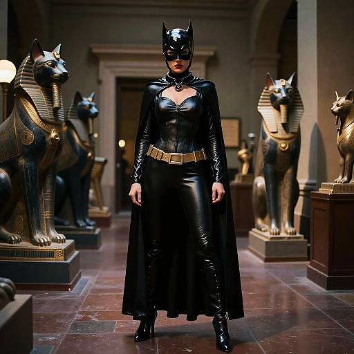 Photograph of a woman in a black latex Catwoman costume with bat mask, standing in a museum with ancient Egyptian cat statues. Dim lighting highlights her